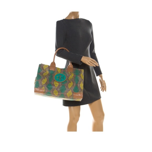 Tory Burch Ella Tote Bag Green Yellow Snakeskin Print Canvas Leather Trim Large